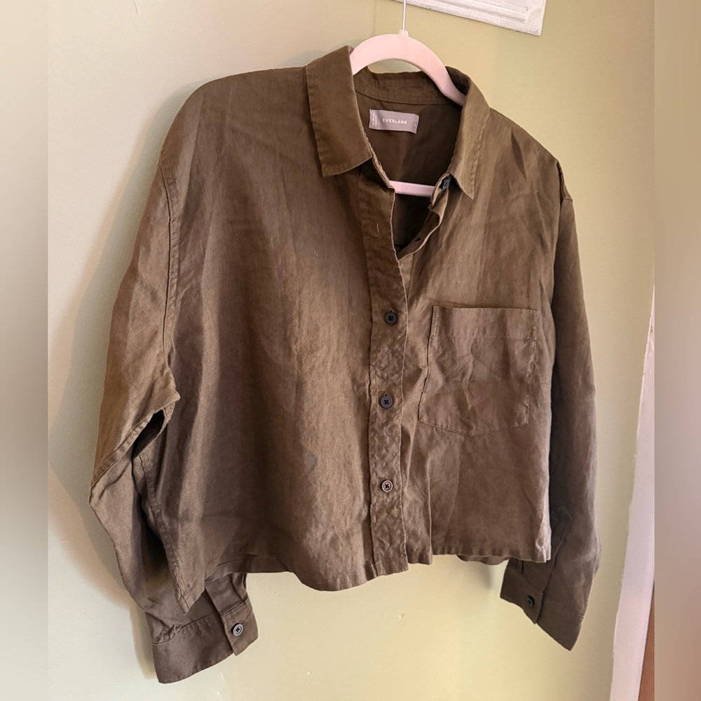 Everlane Linen Way Short Shirt Size L Olive/brown